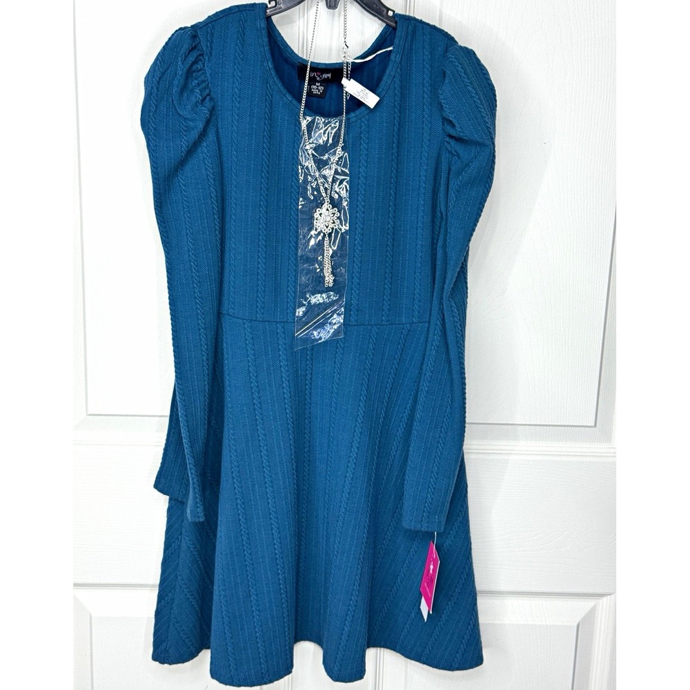 i.n. girl Girls M (10-12) Teal Textured Knit A-Line Long Sleeve Dress w Necklace